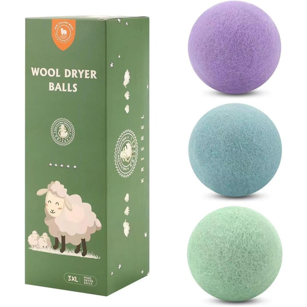 VOGLUX natural wool dryer balls front view of three pack colorful set