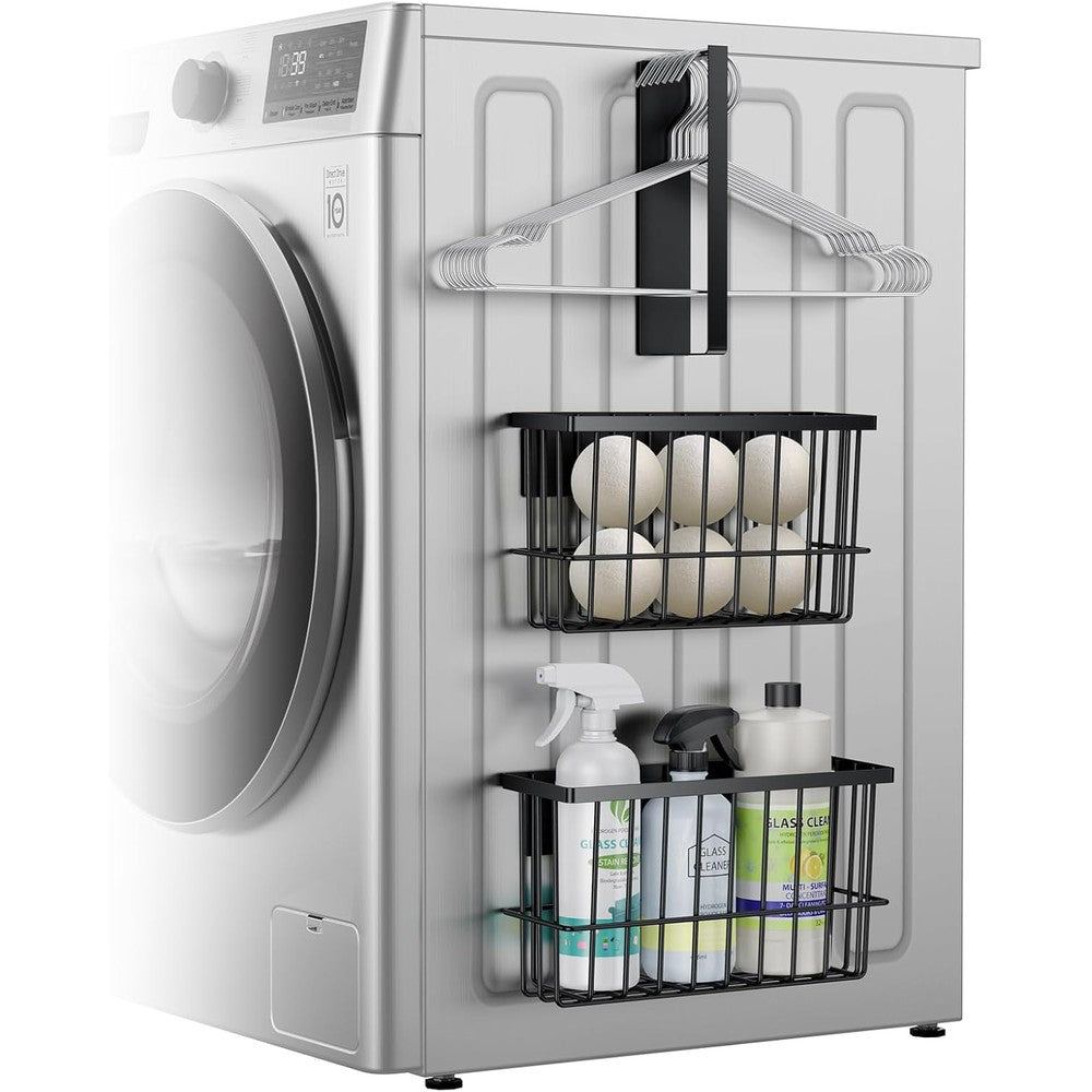 Detukna magnetic dryer ball holder and hanger holder front view attached to washing machine side.