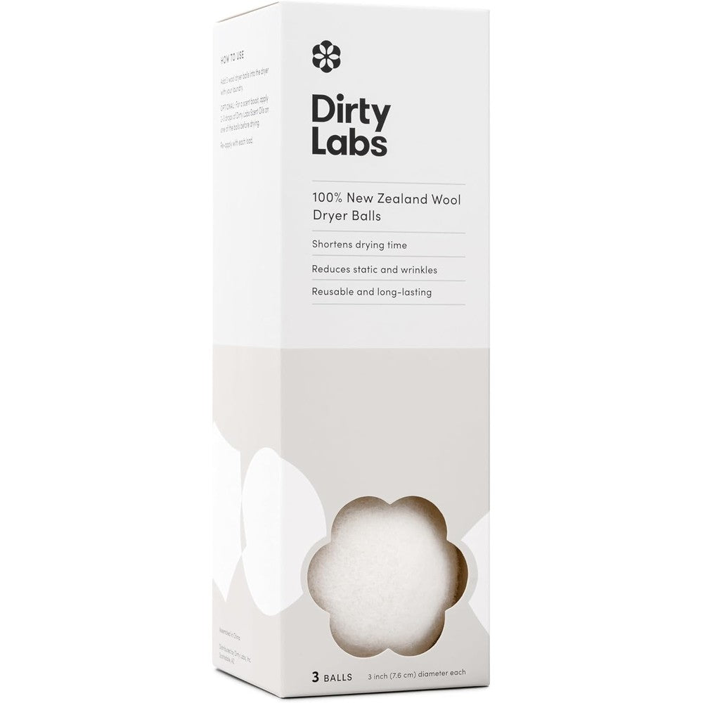 Dirty Labs New Zealand Wool Dryer Balls 3 pack front view for sustainable laundry.