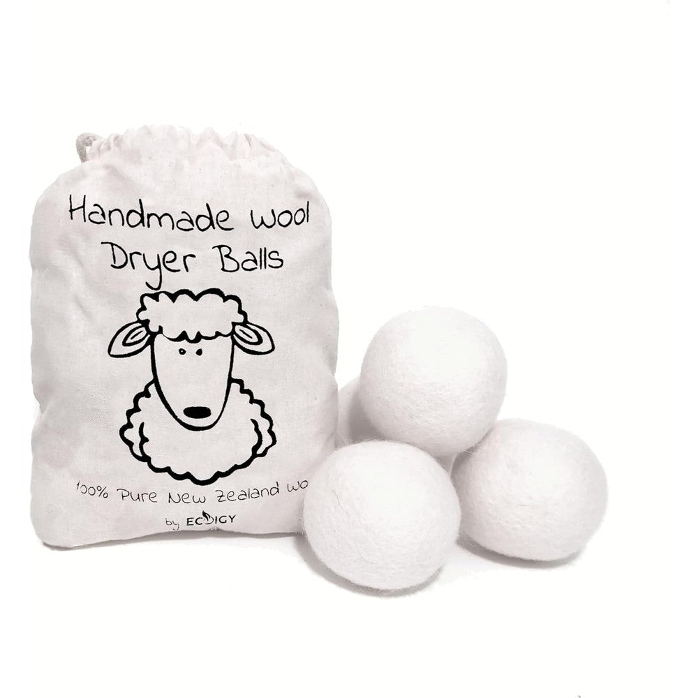 Anvay Rugs Ecoigy Wool Dryer Balls 4-Pack front view in cotton storage bag.
