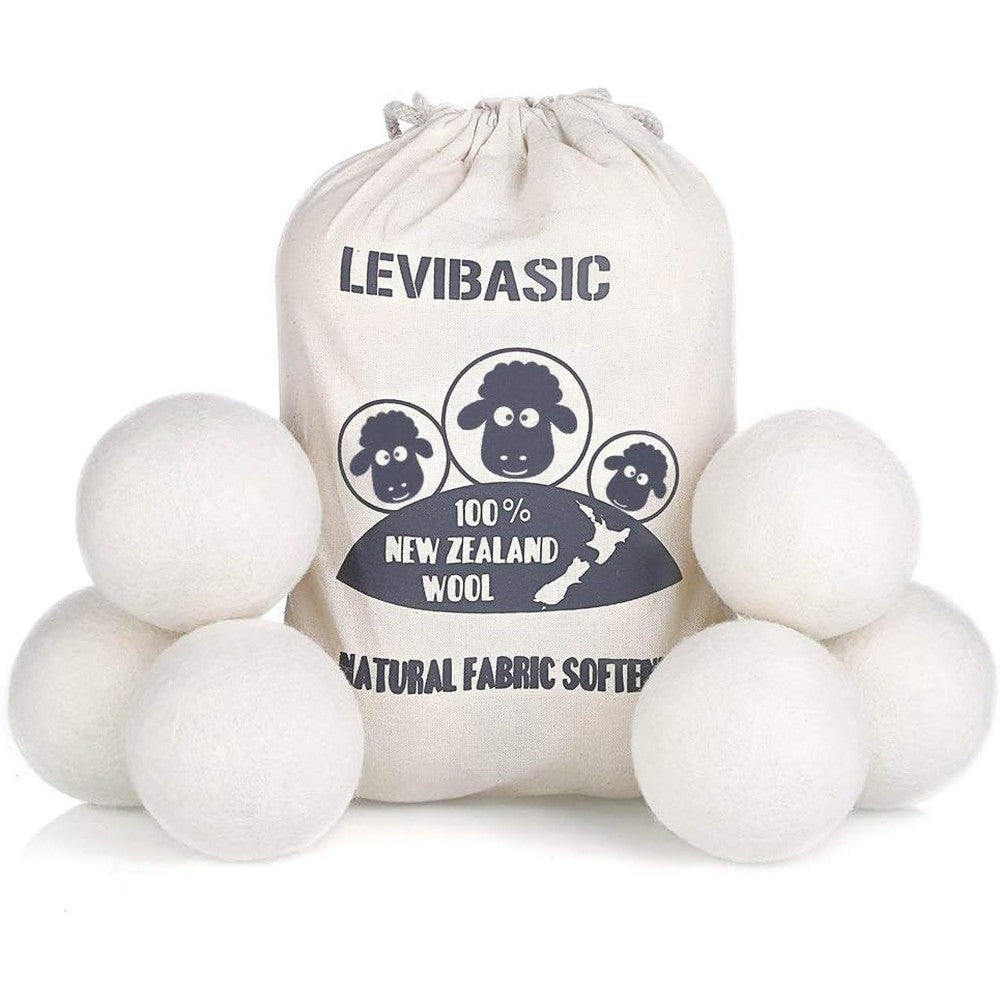 Levibasic Wool Dryer Balls 6 Pack XL front view premium laundry softener.