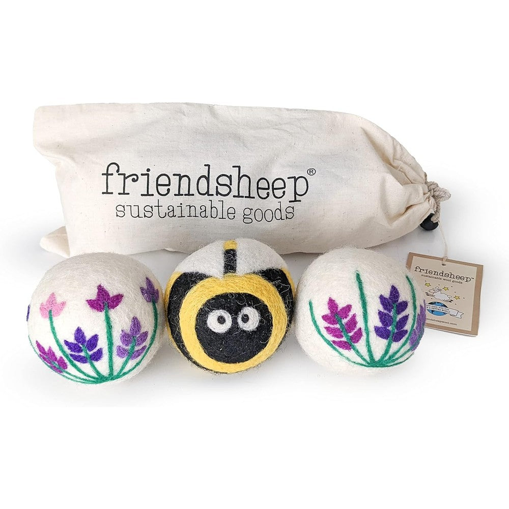 Friendsheep Wool Dryer Balls Lavender Fields Bee Flower set front view eco friendly laundry.
