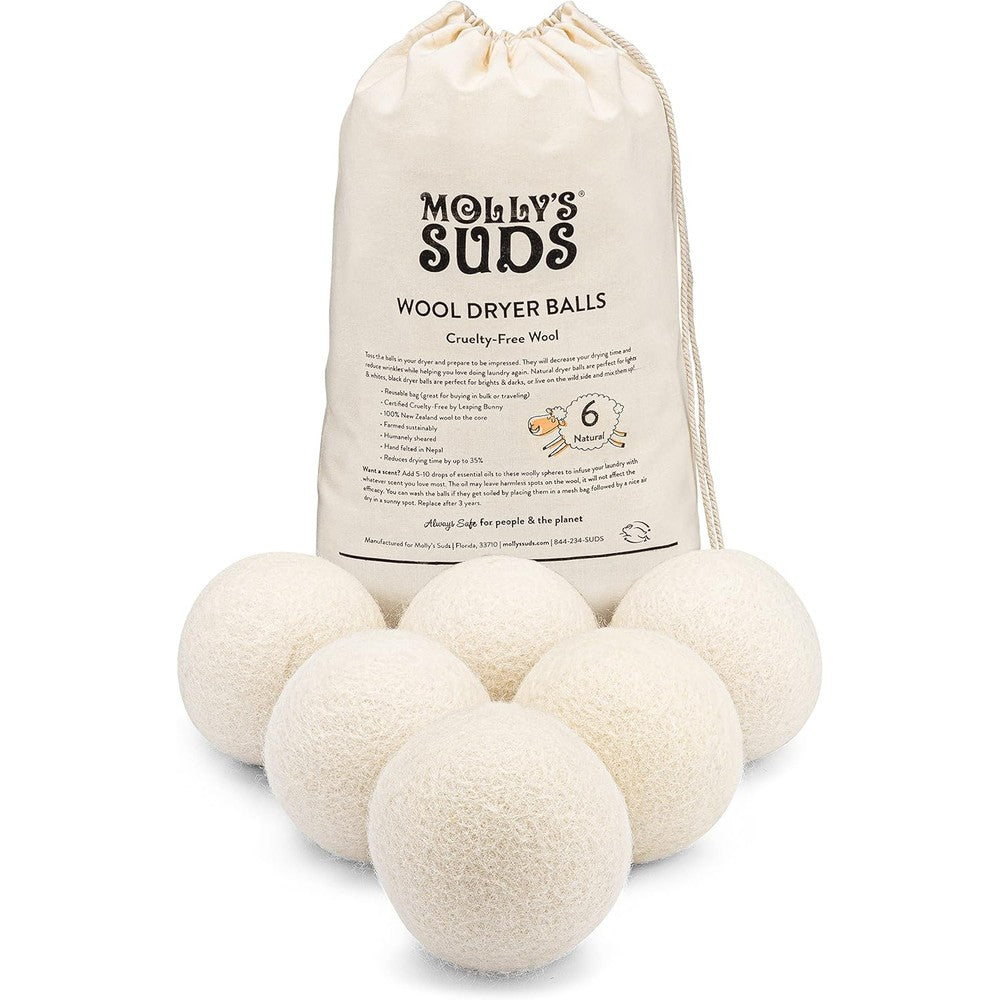 Molly's Suds Wool Dryer Balls front view in muslin storage bag