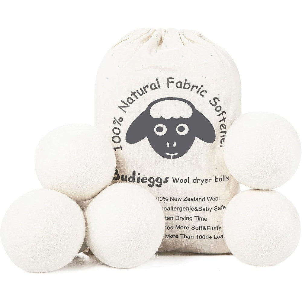 Budieggs Wool Dryer Balls Organic XL 6 Pack front view natural laundry softener