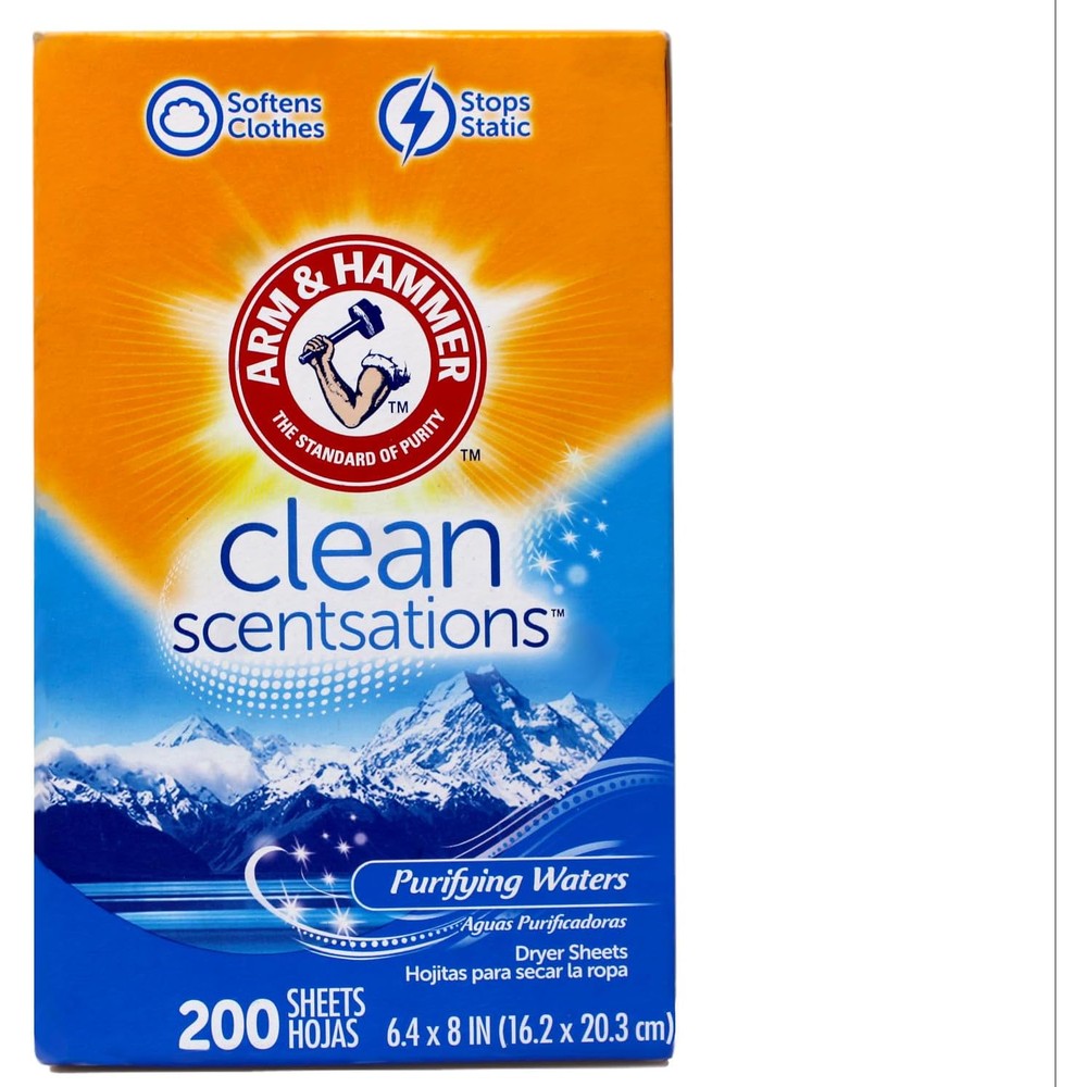 Arm and Hammer fabric softener sheets purifying waters front package view