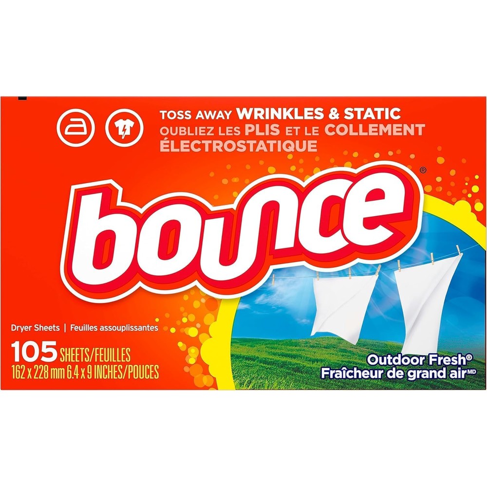 Bounce fabric softener dryer sheets 105 count front view showing packaging design