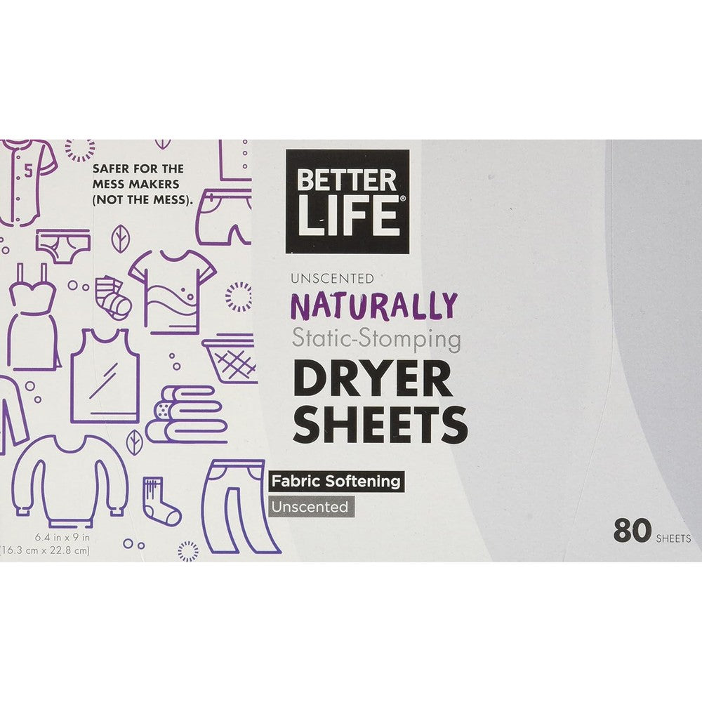 Better Life Natural Dryer Sheets Unscented 80 Count box front view plant based laundry care