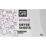 Better Life Natural Dryer Sheets Unscented 80 Count box front view plant based laundry care