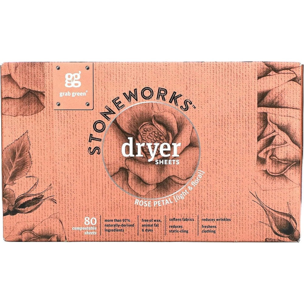 Grab Green Stoneworks Rose Petals Dryer Sheets front packaging view