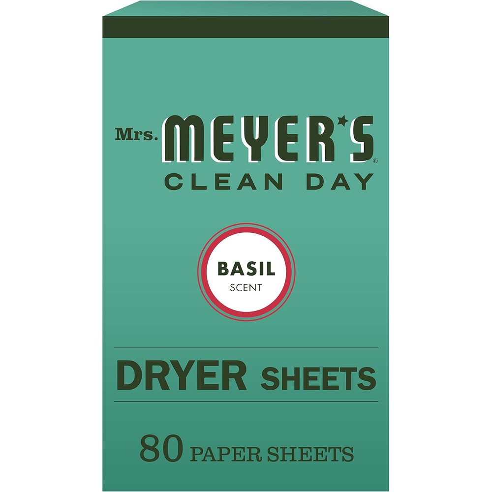 Mrs. Meyer's Clean Day Fabric Softener Dryer Sheets front packaging view showing basil variant branding
