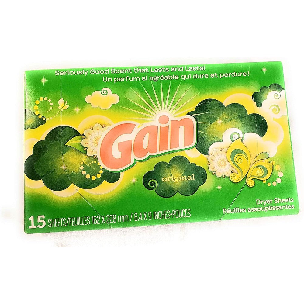 Gain Original Scent fabric softener dryer sheets fifteen count box front view showing travel friendly packaging