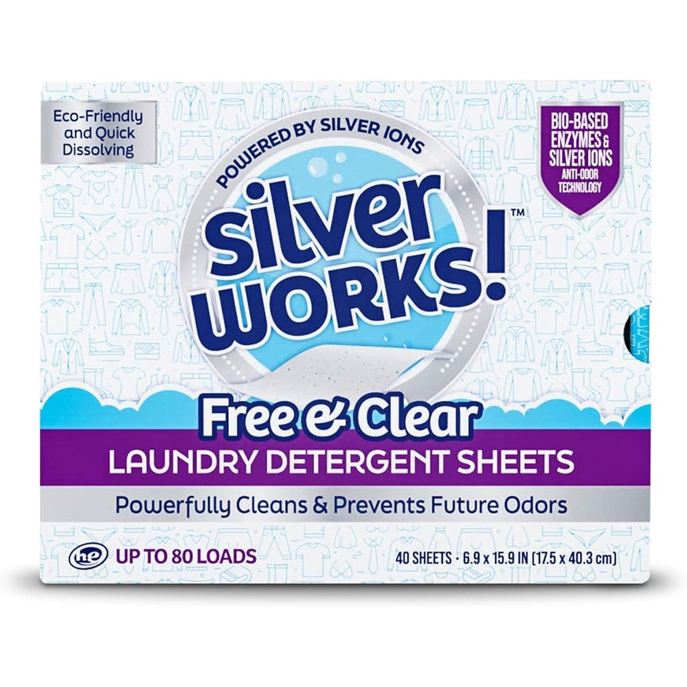 SilverWorks Premium Dissolvable Laundry Detergent Sheets front packaging box featuring silver ion technology