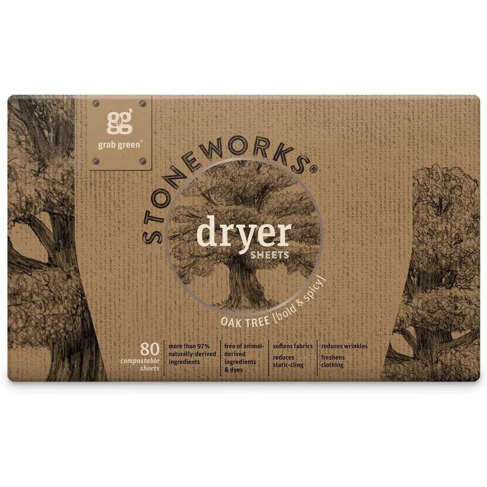 Grab Green Stoneworks Dryer Sheets Oak Tree 80 Compostable Sheets front view of the packaging