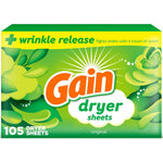 Gain Dryer Sheets Plus Wrinkle Release Original Scent 105 Count front packaging showing laundry fabric softener sheets