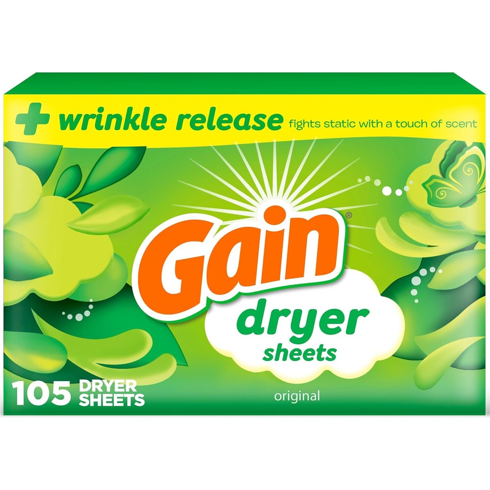 Gain Dryer Sheets Plus Wrinkle Release Original Scent 105 Count front packaging showing laundry fabric softener sheets