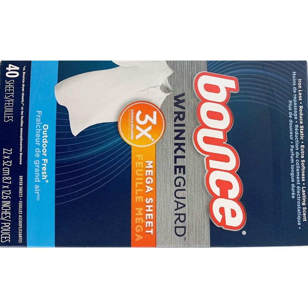 Bounce Wrinkle Guard Mega Sheet Outdoor Fresh 40 Sheets box front view showcasing premium wrinkle reduction