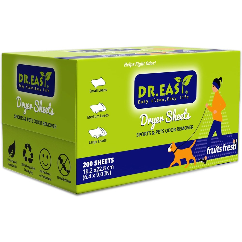 Dr. Easy Sports and Pets Odor Remover dryer sheets front pack view for plant-based laundry care.