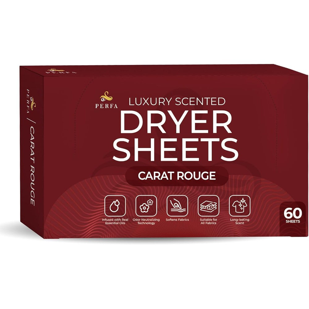 Perfa Carat Rouge Scented Dryer Sheets 60 count box front view showcasing premium packaging design