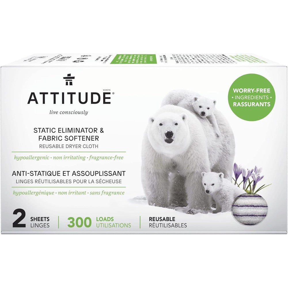 ATTITUDE Reusable Dryer Sheets front packaging showing three hundred loads capacity for static control.
