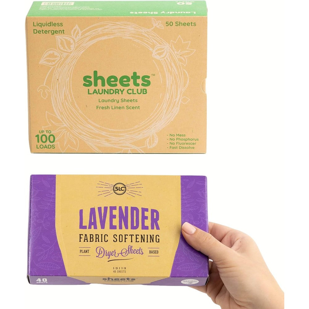 Sheets Laundry Club Bundle front view showing detergent sheets and dryer sheets packaging.