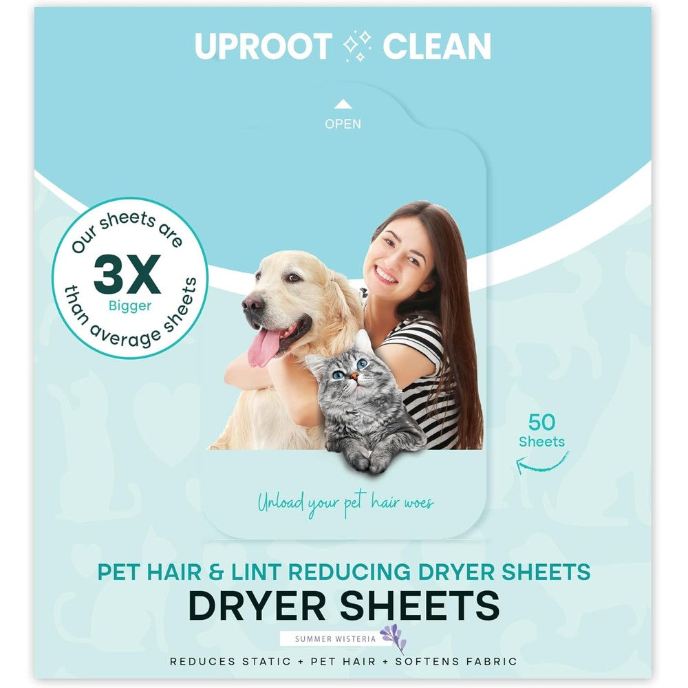Uproot Clean Pet Hair Reducing Dryer Sheets 50 count front packaging view