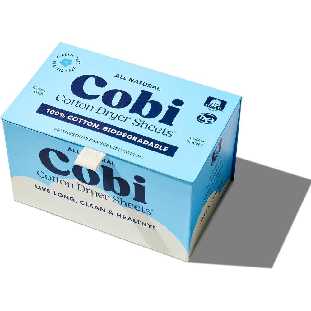 Cobi Cotton Dryer Sheets front view packaging of one hundred twenty count eco friendly laundry sheets