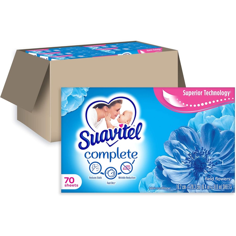 Suavitel Complete Dryer Sheets Field Flowers front view authentic laundry fabric softener