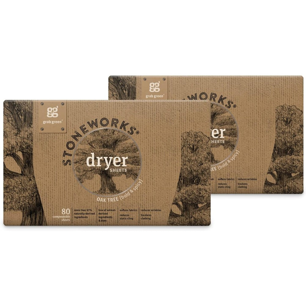 Grab Green Stoneworks Oak Tree dryer sheets box front view showing plant-based eco-friendly laundry fabric softener