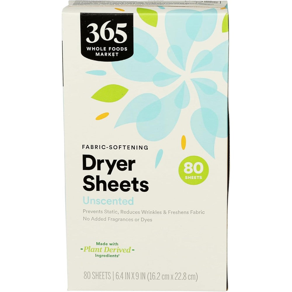 365 by Whole Foods Market Fabric Softening Dryer Sheets front view of unscented packaging