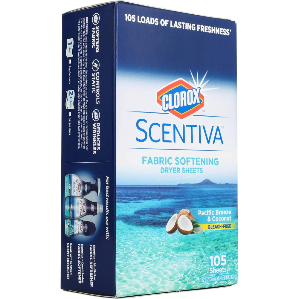 Clorox Scentiva Fabric Softener Dryer Sheets front packaging view for premium imported laundry care