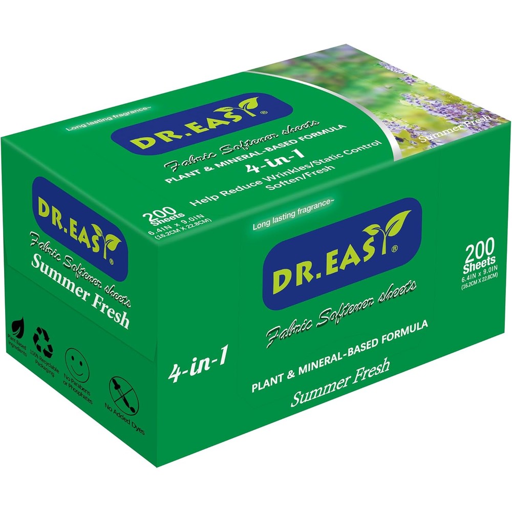 Dr. Easy Summer Fresh Dryer Sheets 200 Count front package view showing eco-friendly plant-based fabric softener product.
