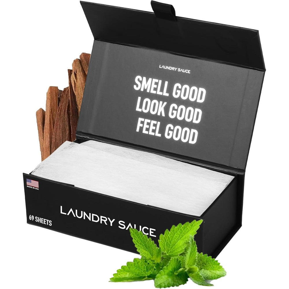 Laundry Sauce Australian Sandalwood dryer sheets box front view showing luxury packaging design