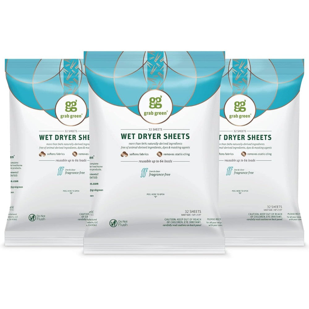 Grab Green Natural Wet Dryer Sheets fragrance free front view packaging
