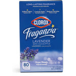 Clorox Fraganzia Dryer Sheets Lavender with Eucalyptus 80 Count box front view showcasing premium American laundry packaging.