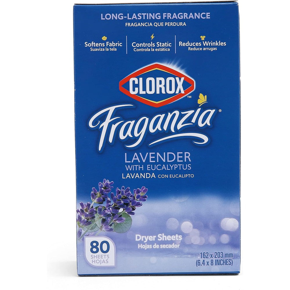 Clorox Fraganzia Dryer Sheets Lavender with Eucalyptus 80 Count box front view showcasing premium American laundry packaging.