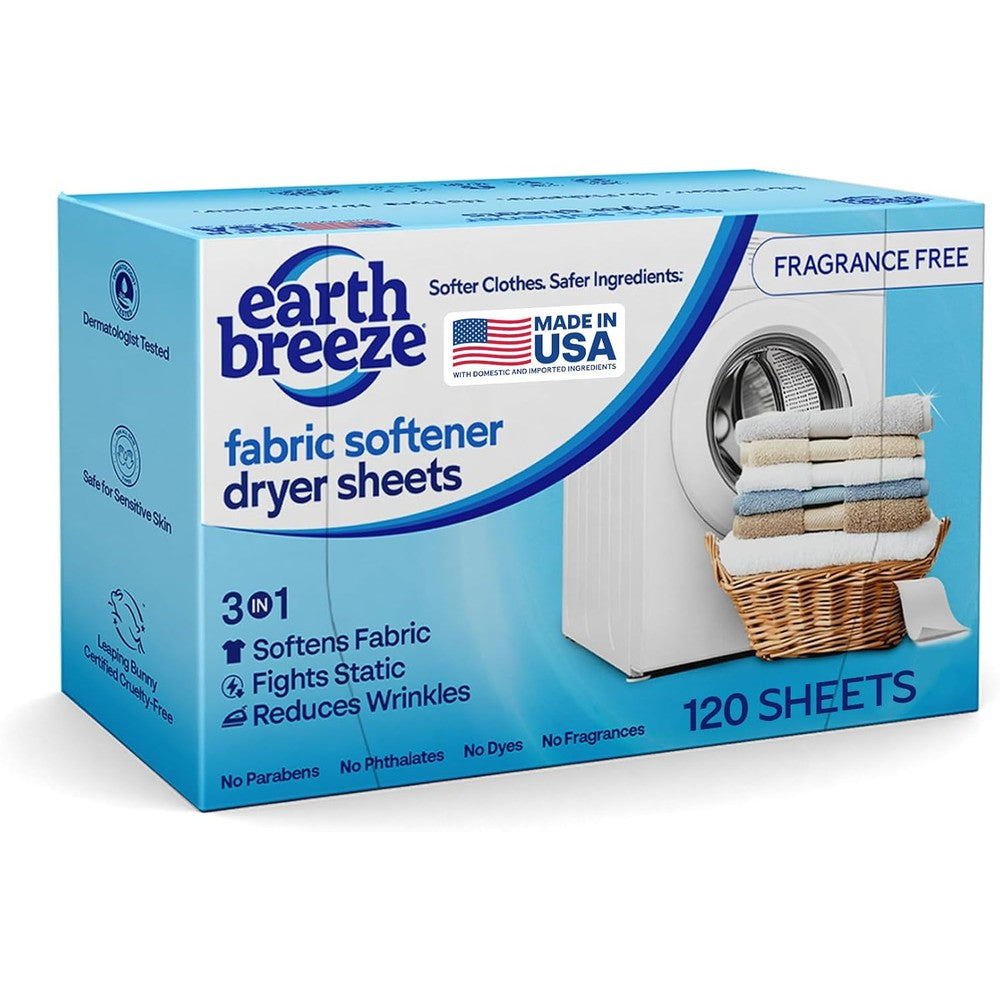 Earth Breeze fabric softener dryer sheets fragrance free front view packaging