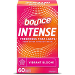 Bounce Intense Dryer Sheets Vibrant Bloom 60 Count front packaging view for premium laundry care.