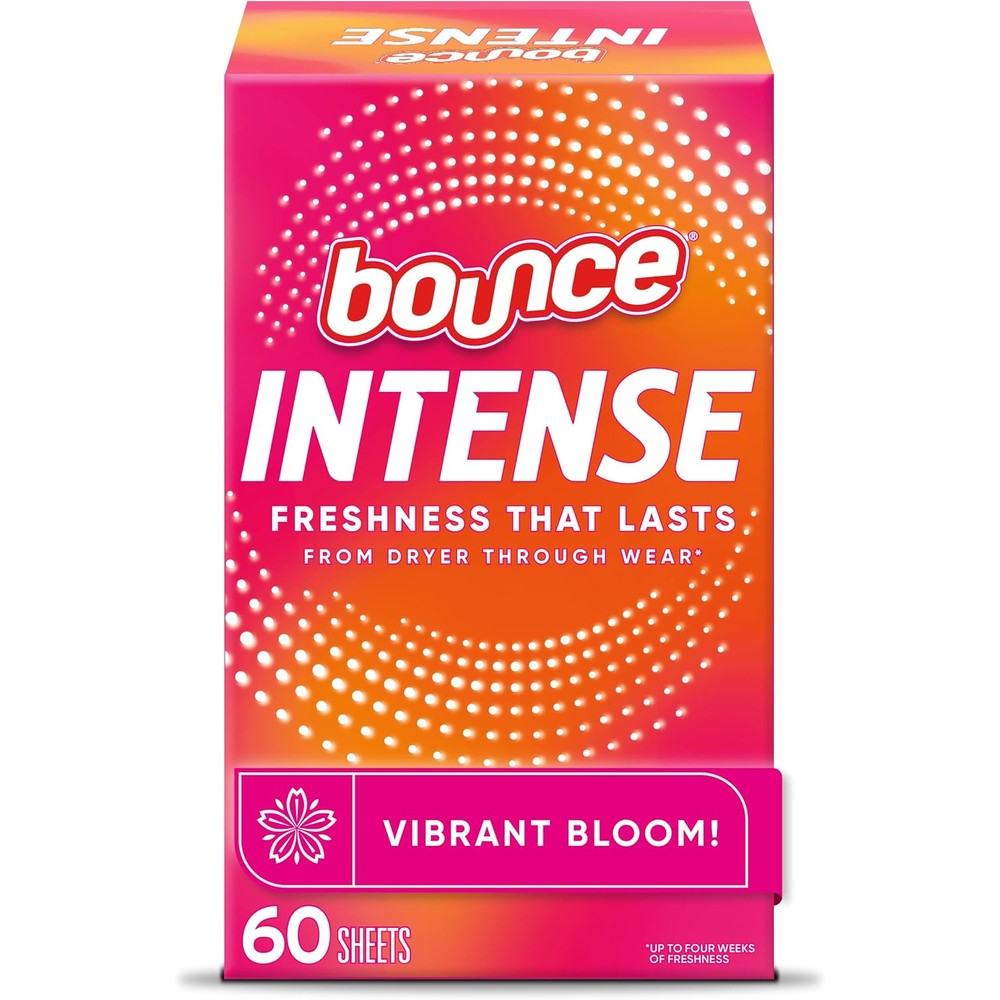 Bounce Intense Dryer Sheets Vibrant Bloom 60 Count front packaging view for premium laundry care.