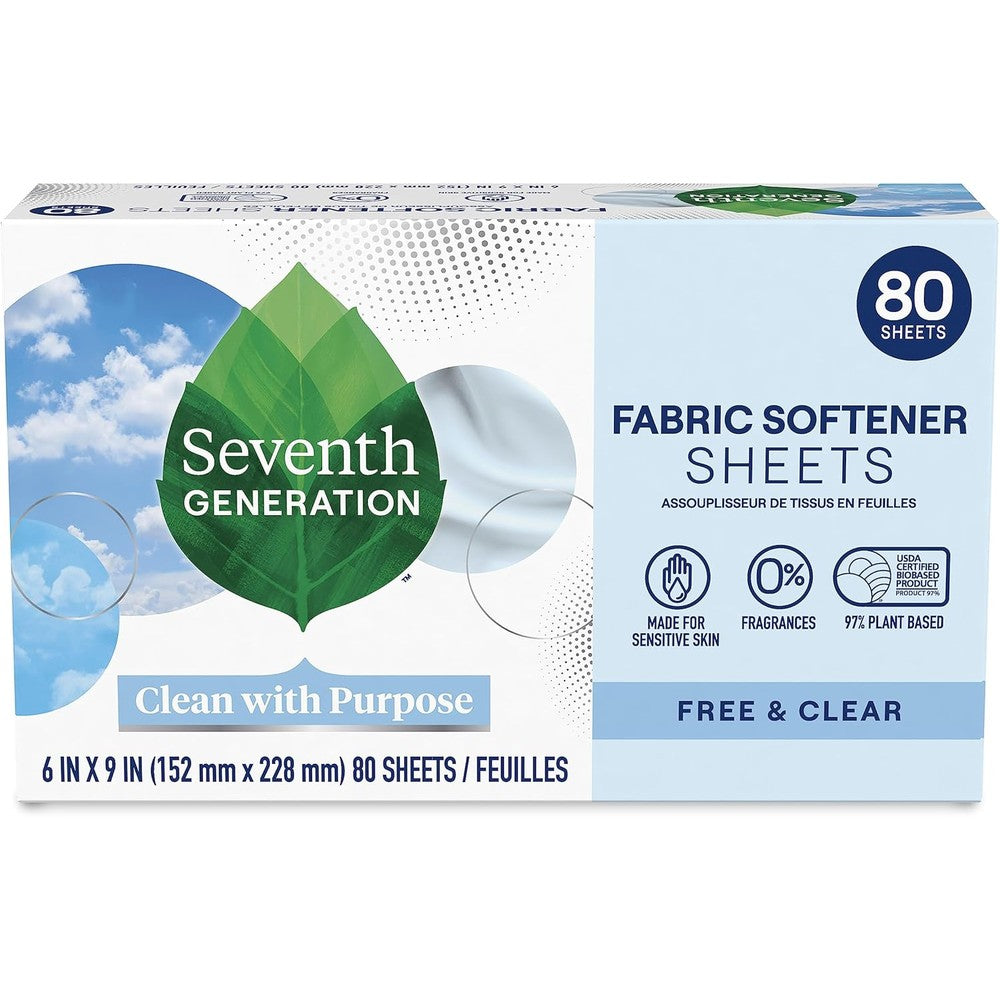 Seventh Generation Free and Clear Dryer Sheets 80 count front packaging for sensitive skin.