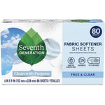 Seventh Generation Free and Clear Dryer Sheets 80 count front packaging for sensitive skin.