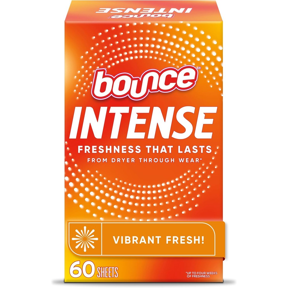 Bounce Intense Dryer Sheets Vibrant Fresh 60 Count front view box of premium laundry sheets.