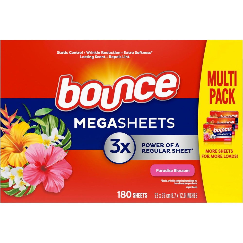 Bounce Mega Dryer Sheets Paradise Blossom 180 Count front package view for static control