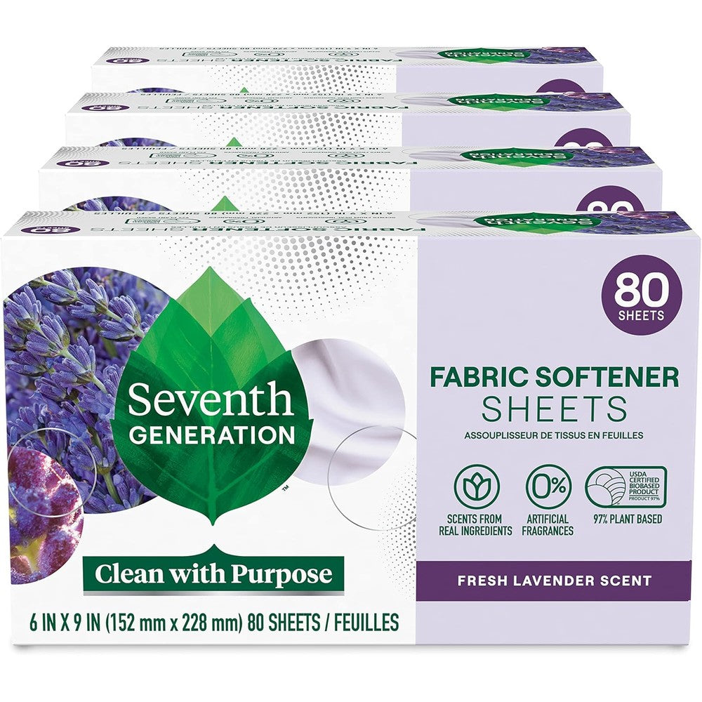 Seventh Generation Fresh Lavender Fabric Softener Dryer Sheets front view of the packaging box.
