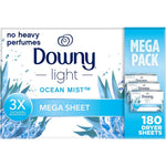 Downy Light Mega Dryer Sheets Ocean Mist 180 Count packaging front view showcasing premium fabric softening attributes.