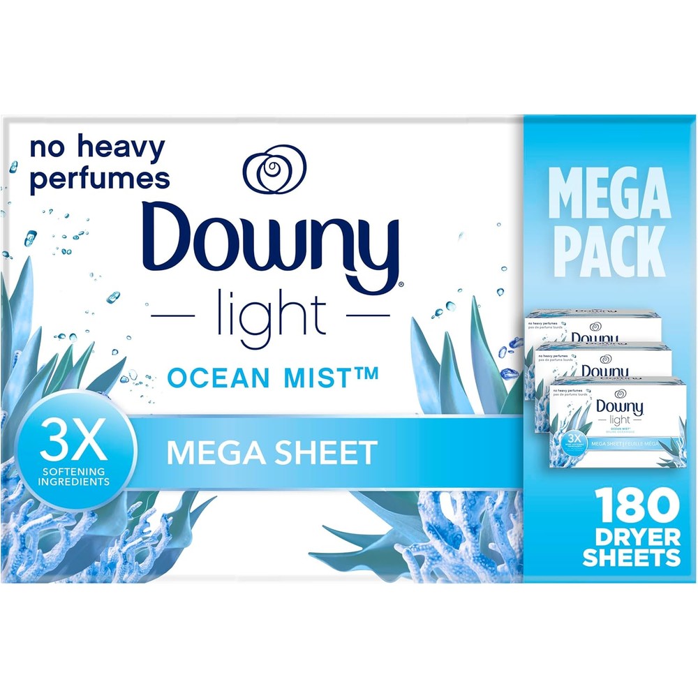 Downy Light Mega Dryer Sheets Ocean Mist 180 Count packaging front view showcasing premium fabric softening attributes.