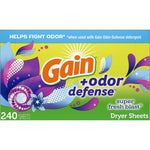 Gain Dryer Sheets Plus Odor Defense Super Fresh Blast 240 Count front view package