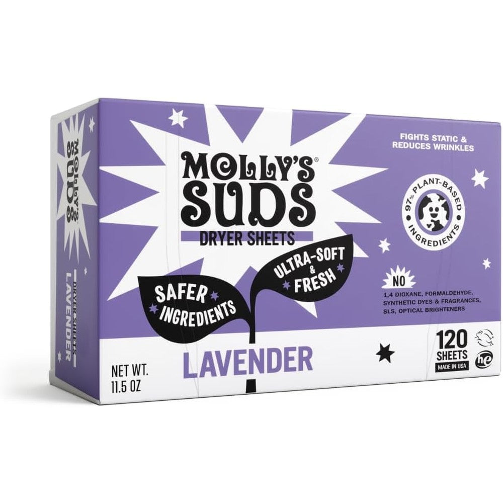 Molly's Suds Fabric Softener Dryer Sheets front view of lavender box package