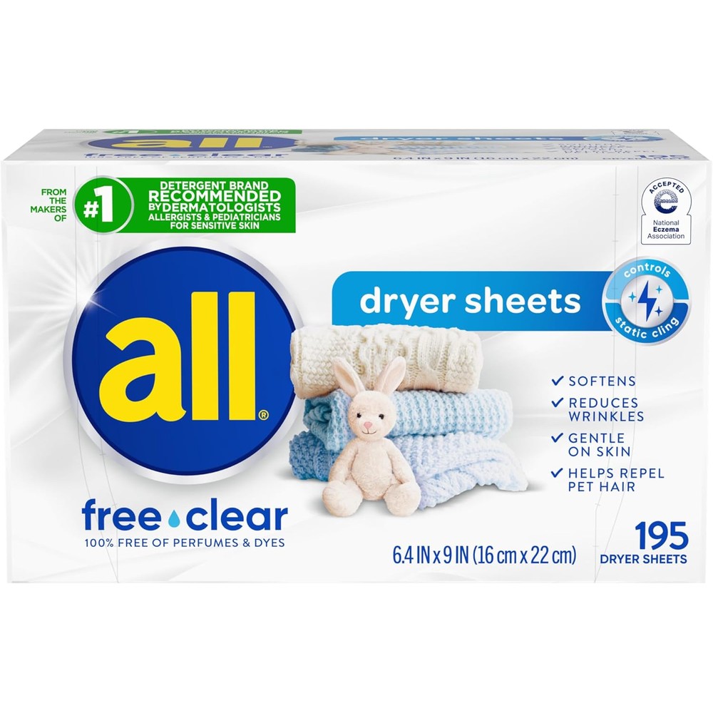 All fabric softener dryer sheets free clear front packaging view
