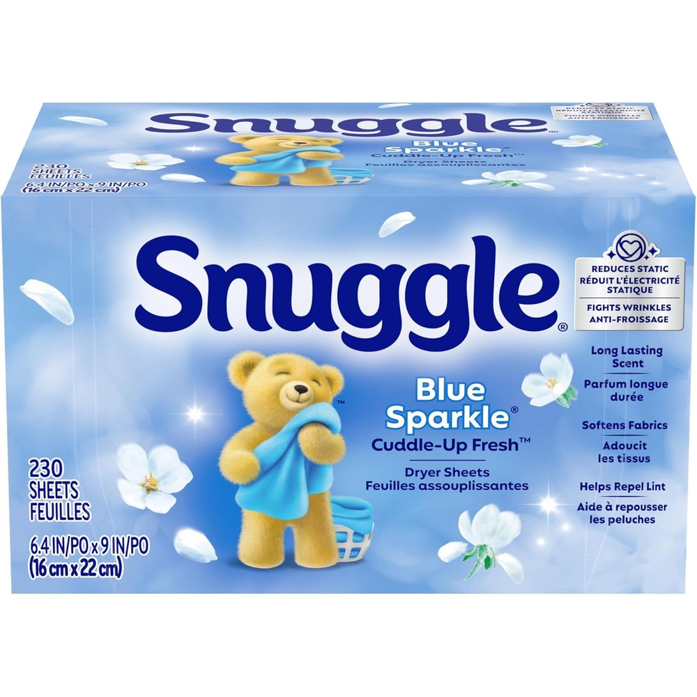 Snuggle Fabric Softener Dryer Sheets Blue Sparkle box front view for fresh laundry