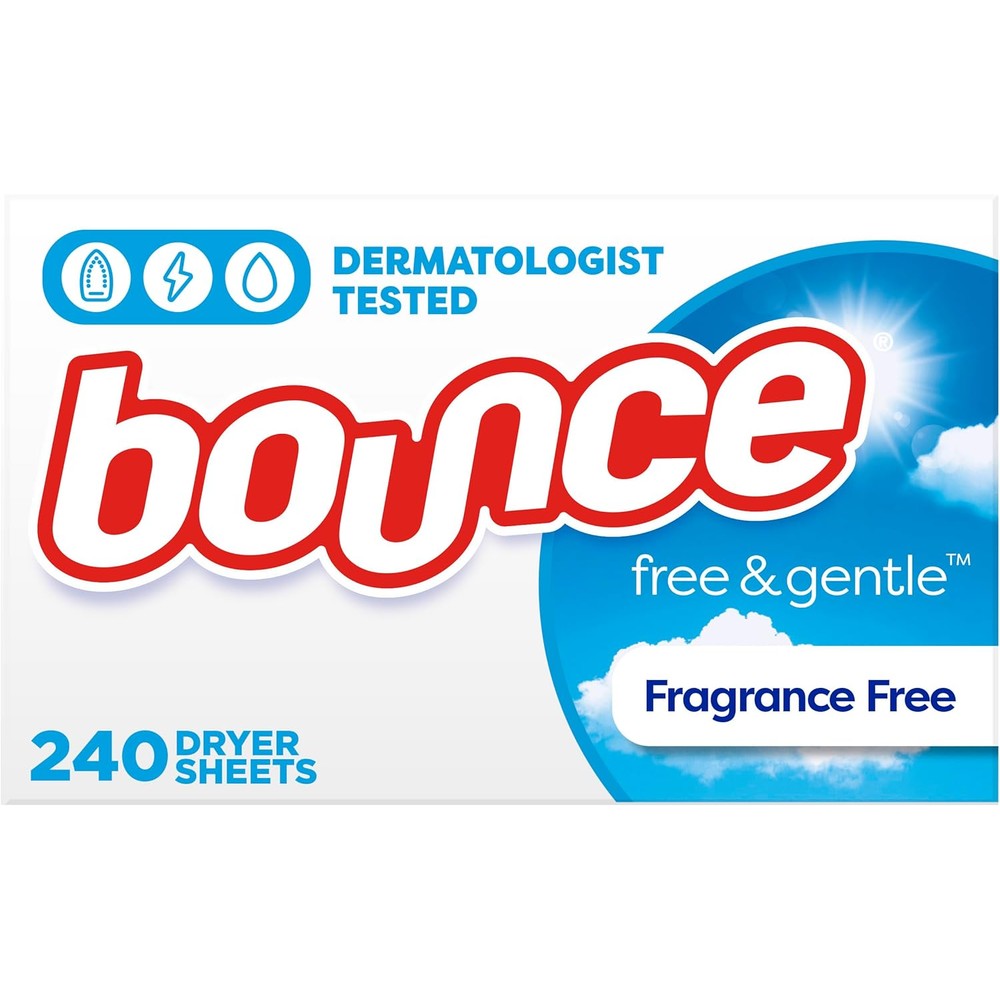 Bounce Free and Gentle Dryer Sheets front view of 240 count box